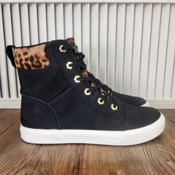 Timberland Skyla Bay 6 Inch Boots Womens 7.5 Black Nubuck Leopard Print Hiking - Picture 1 of 10